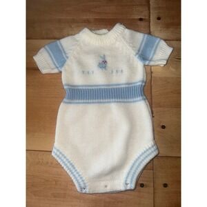 Vintage Knit Baby Romper Blue White Bunny Embroidery Short Sleeve Button Neck NB